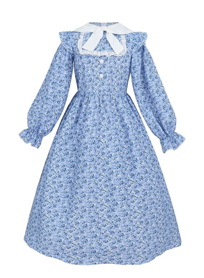 Nuoqi Colonial Dress Girls Pioneer Prairie Dress Laura Ingalls Wilder Costume with Apron Blue, 6-7 - Image 4